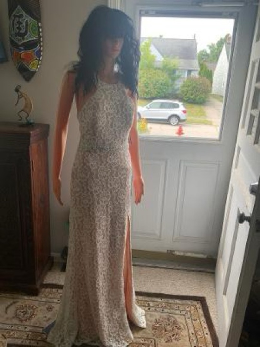 Macy's White Lace Prom Gown with Halter Neck and Slit